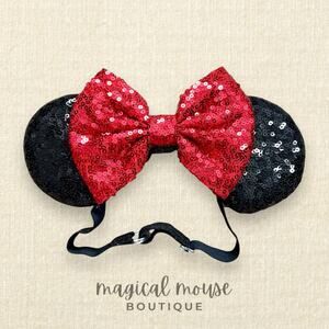 Black & Red Sequin Elastic Minnie Ears | Disney-Inspired Mouse Headband